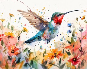 Artistic depiction of a playful hummingbird fluttering among colorful blooms, rendered in vivid watercolor strokes and bright hues
