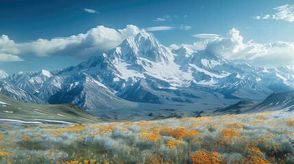 On a sunny summer day, snow-capped mountains meet the vast plains. Generative AI.