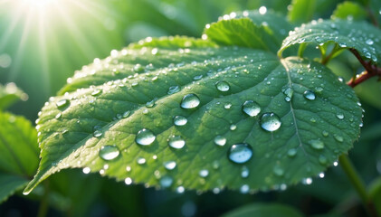 Closeup drops of dew in morning glow sunshine. Beautiful green leaf, nature background texture.  - obrazy, fototapety, plakaty