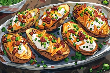 Fototapeta premium This photo showcases a painting of a platter filled with loaded baked potatoes, topped with cheese and bacon.