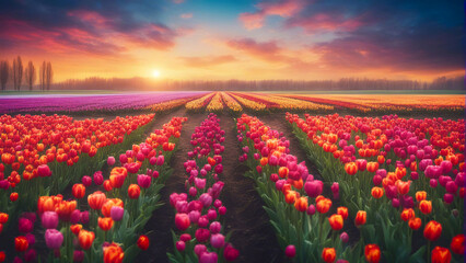 Tulip field at sunset.
