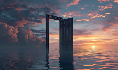 floating open door over a calm sea, Generative AI