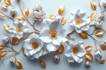 3D relief of an abstract white tree with golden flowers. Created with Ai
