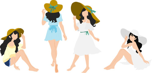 帽子(麦わら帽子)をかぶった水女性のイラストセット