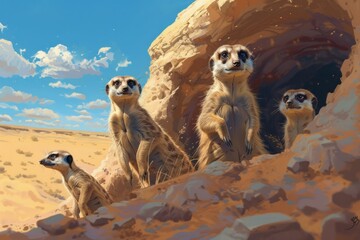 A playful group of meerkats standing on top of a rocky hill, popping their heads out and exploring their surroundings. - obrazy, fototapety, plakaty