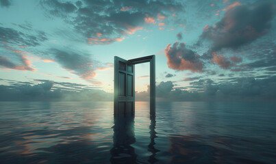 floating open door over a calm sea, Generative AI