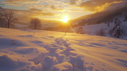 Venture into the serene beauty of a winter morning as the sunrise bathes a mountainous landscape in golden hues