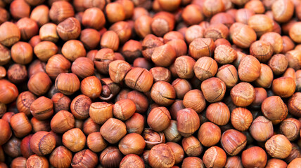 A pile of hazelnuts in market