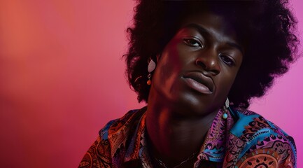 black afro american man portrait  posing on camera, 1970s style wearing a textured t shirt and cool earrings,, vibrant light palette