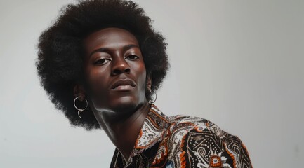 beautiful portrait of a young afro american male model with cute earrings, in the style of seventies, posing on camera, fashion style - 787043788