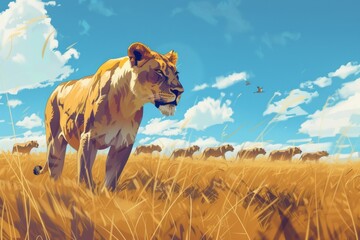 A regal lioness confidently leads her pride through a field of grass. - obrazy, fototapety, plakaty