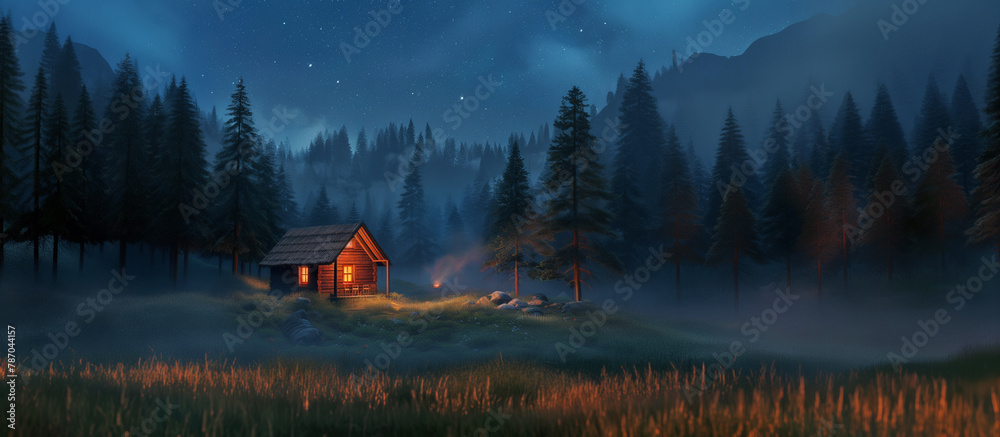 Wall mural night landscape with a starry sky and a small lonely cabin in the mountain forest