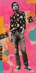 retro style collage young man wearing urban outfit, tshirt, sneakers  surrounded by colorful shapes and graphics, - 787044109