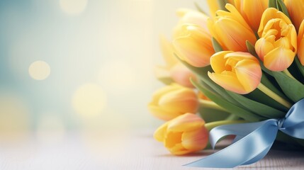 Yellow Tulip Bouquet Tied with a Blue Ribbon on a Softly Lit Background