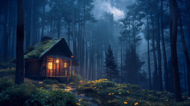 Night landscape with a starry sky and a small cabin in the forest