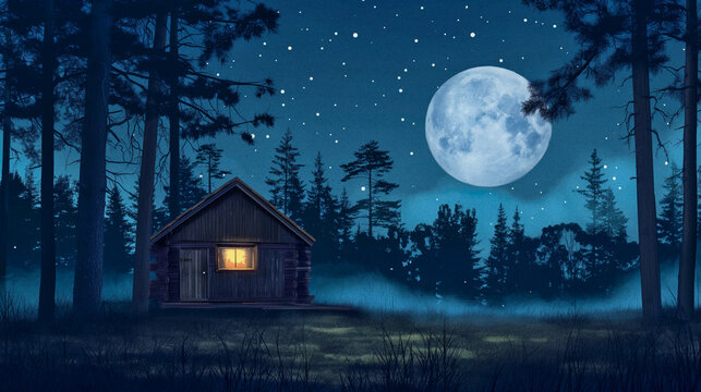 Night landscape with a starry sky and a small lonely cabin in the mountain forest