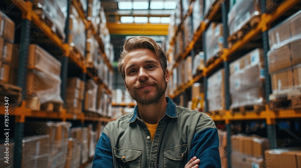 Poster portrait of worker in the warehouse is smiling, warehouse shelves on background. generative ai.