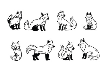 A series of cartoon foxes in various poses
