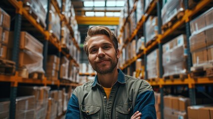 Portrait of worker in the warehouse is smiling, Warehouse shelves on background. Generative AI.
