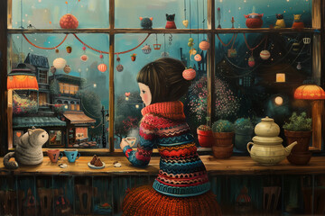 Child adorned in a colorful sweater, gazing out of a window at an enchanting evening scene. Window reveals whimsical world outside, adorned with hanging lanterns that illuminate quaint houses - 787044369