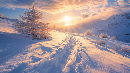 Venture into the serene beauty of a winter morning as the sunrise bathes a mountainous landscape in golden hues
