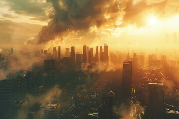 A dark and foggy cityscape with a bright orange sky. - obrazy, fototapety, plakaty