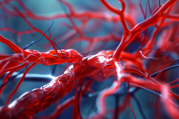 A detailed microscopic closeup of red and blue blood vessels. - obrazy, fototapety, plakaty