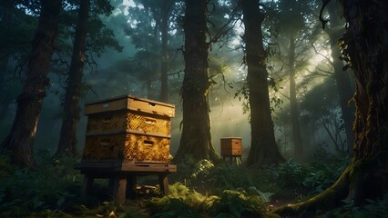 A honey hive placed in a mystical forest, crate for collecting fresh honey, worl bee day - obrazy, fototapety, plakaty