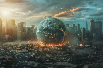 The earth is on fire and it is rolling towards a city. - obrazy, fototapety, plakaty