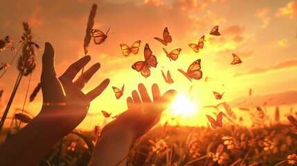 Witness a powerful symbol of hope and freedom as human hands release a group of butterflies into the sunset, captured in a realistic and emotive image by a high-definition camera. 