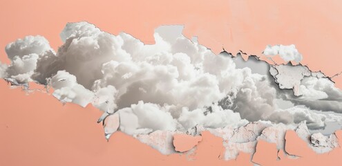 minimal collage of clouds, light yellow, pink colored background, pastel palette colors - 787044902
