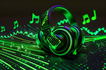 Abstract Representation of a MP3 Ringtone with Neon Aesthetics- Headphones and Digital Sound Waves - obrazy, fototapety, plakaty