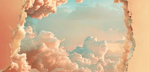 minimal collage of clouds, light yellow, pink colored background, pastel palette colors - 787044913