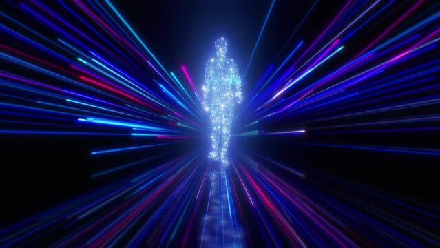 Digital Age Illustration. Futuristic Man Hologram Walking in Cyber Space, Digital Lines Growing Around. Blue Purple Colors Technology Concept Artificial Intelligence Neural Networks 3d Animation 4k.