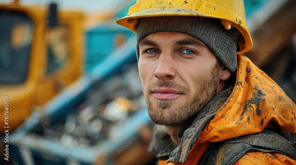 Poster Portrait of a young garbage collector in a working situation. Generative AI.