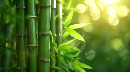 Obraz premium Lush bamboo forest, sun on bamboo, close-up, bokeh effect