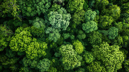 Witness the beauty of nature from above in an AI-generated image showcasing an aerial top view of lush green trees in a forest, captured by a drone to highlight the dense green canopy capturing CO2. 