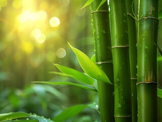 Lush bamboo forest, sun on bamboo, close-up, bokeh effect