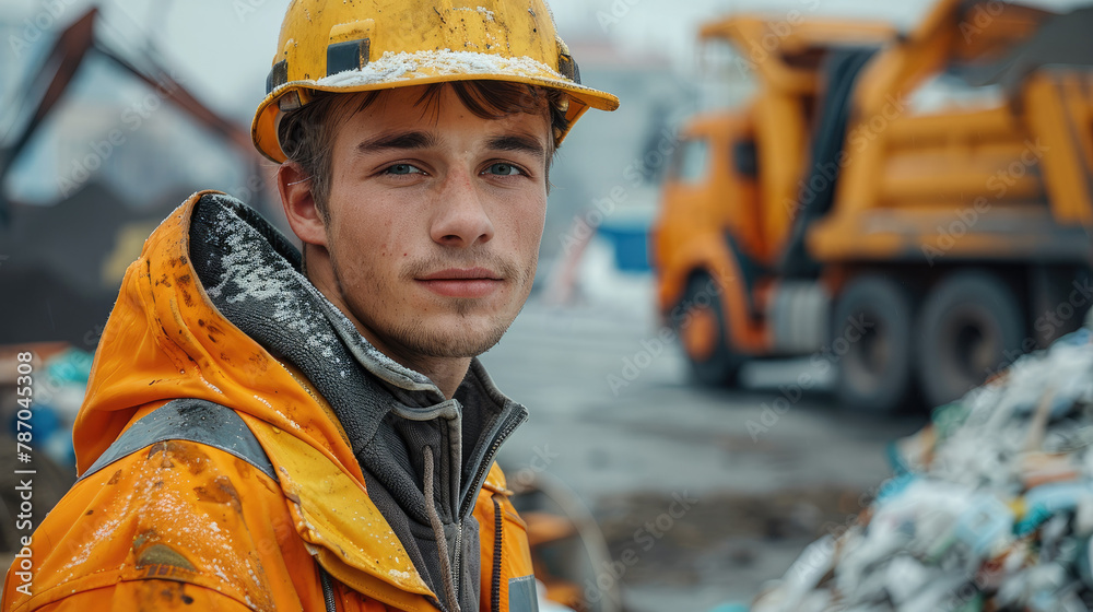Poster Portrait of a young garbage collector in a working situation. Generative AI.