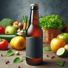 Still life concept bottle of beer and fruits vegetables food concept ingredients mockup template