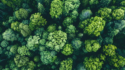 Witness the beauty of nature from above in an AI-generated image showcasing an aerial top view of lush green trees in a forest, captured by a drone to highlight the dense green canopy capturing CO2.