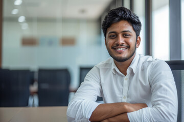 Smiling with poise, a young Indian male entrepreneur exudes confidence in the office boardroom meeting, inspiring his colleagues with his vision and determination.