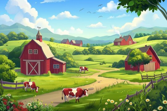This photo depicts a realistic painting of a farm scene, showcasing red barns and cows grazing in a field.
