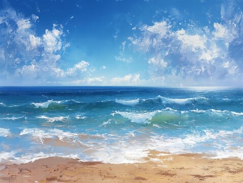 Summer ocean waves, natural light and colors painting