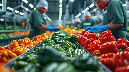 Workers in hygienic clothing working with bell pepper processing line at food factory. Generative AI. - obrazy, fototapety, plakaty