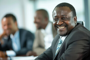 With a beaming smile, an African businessman expresses happiness and contentment in the office boardroom, creating a welcoming atmosphere for collaboration and success.