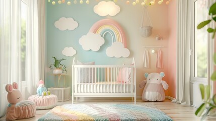 A colorful nursery with a rainbow crib, a stuffed elephant, and a stuffed rabbit. The room is bright and cheerful, with a lot of toys and decorations