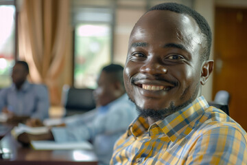 With a bright smile, an African businessman radiates happiness in the office boardroom, showcasing his enthusiasm and optimism.