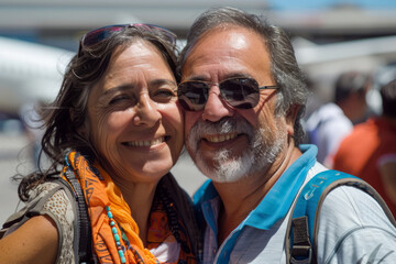 With smiles of anticipation, a Spanish couple happily boards a plane at the airport, beginning their summer vacation with joy and enthusiasm for the experiences ahead.