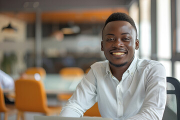 With unwavering confidence, a young African entrepreneur smiles brightly in the office boardroom meeting, signaling his readiness to drive success and innovation.